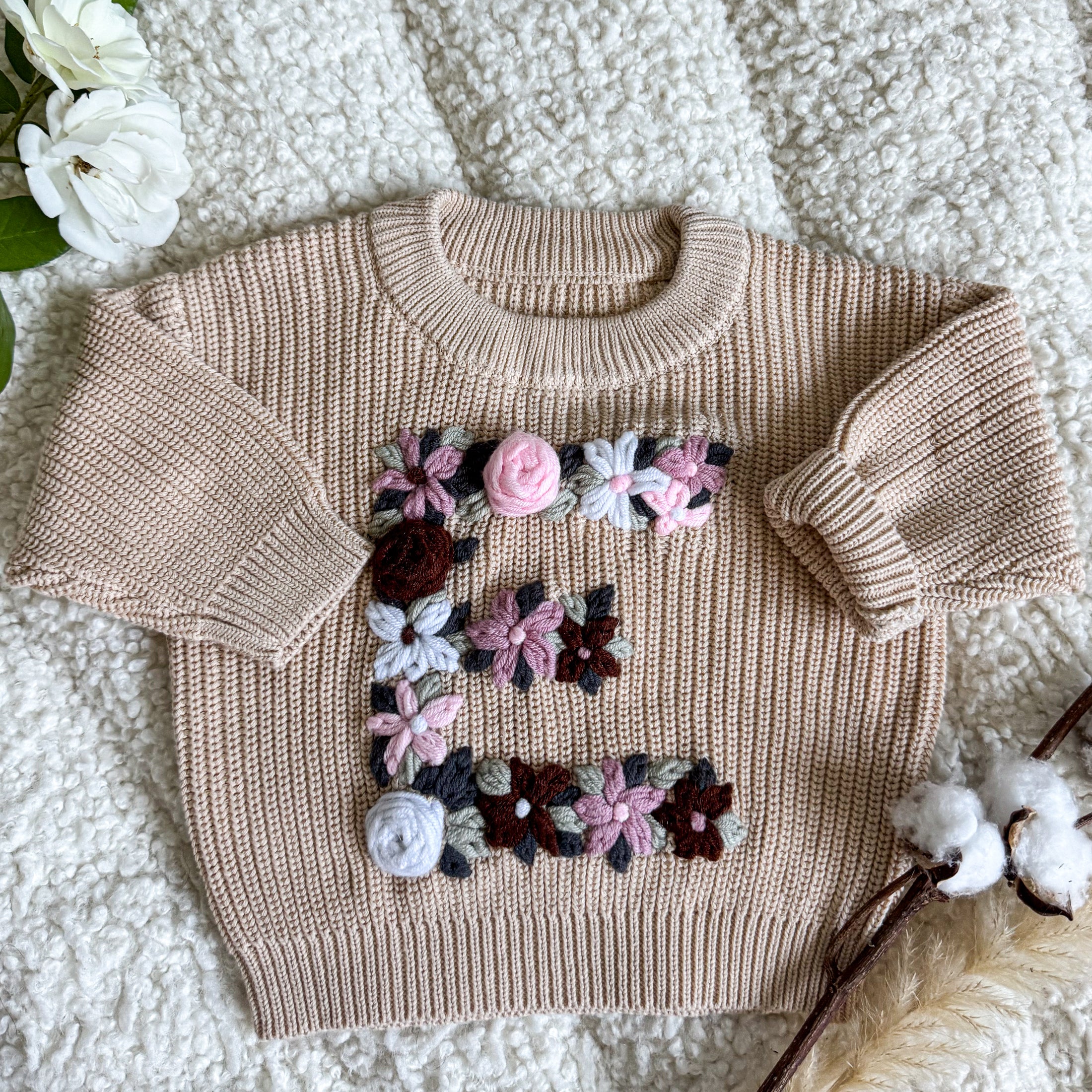 Hand-Embroidered Baby Sweater "E"