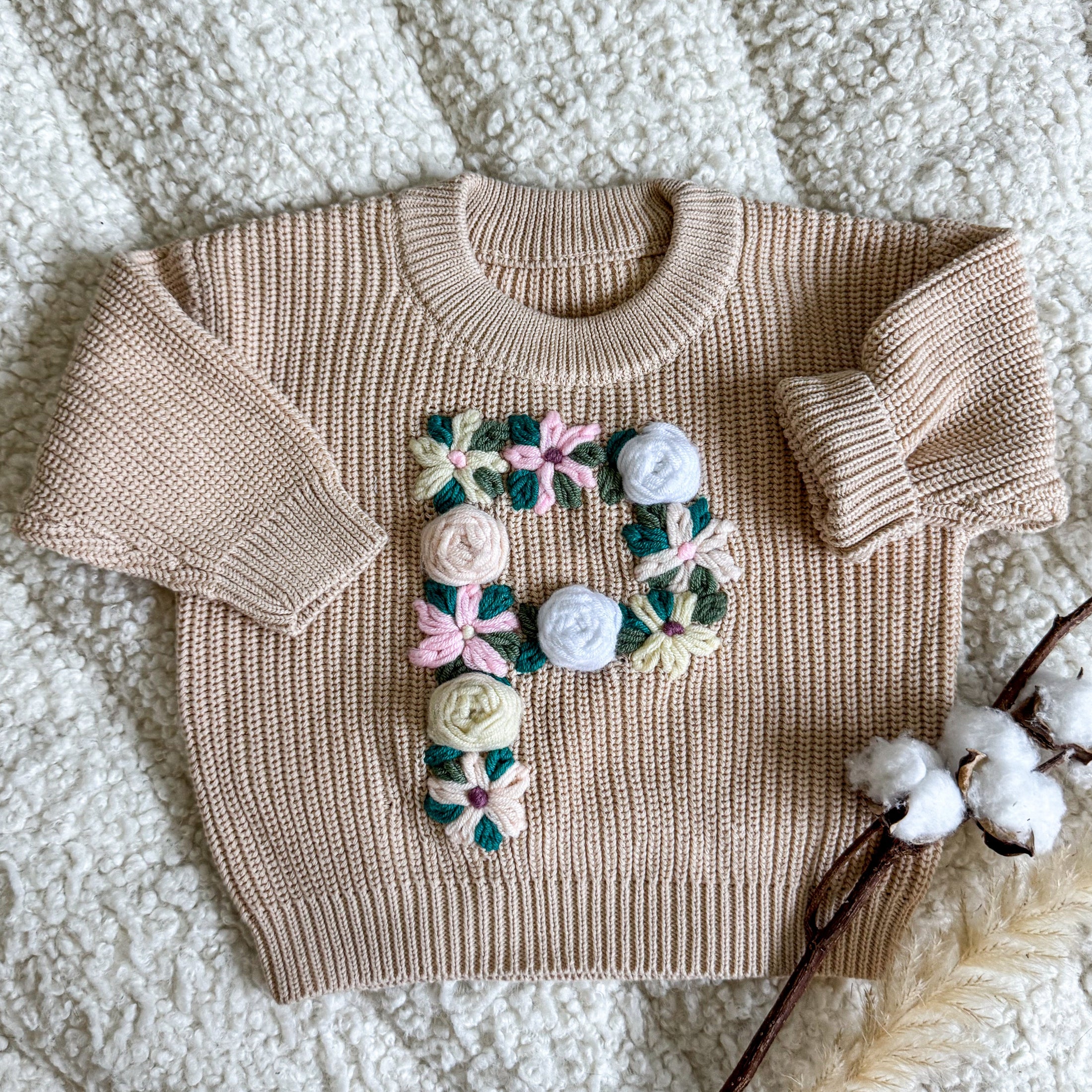 Hand-Embroidered Baby Sweater "P"