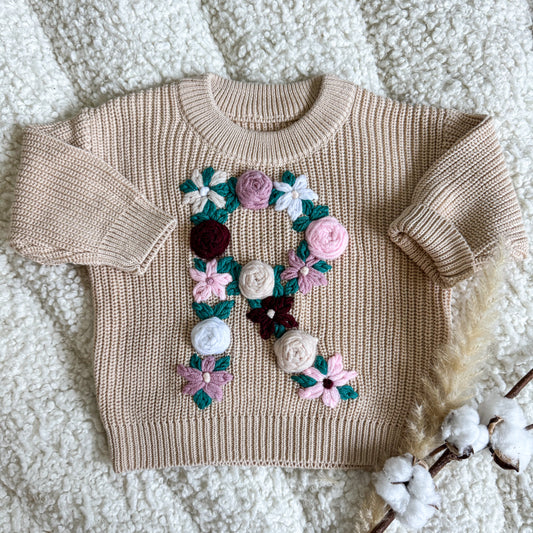 Hand-Embroidered Baby Sweater "R"