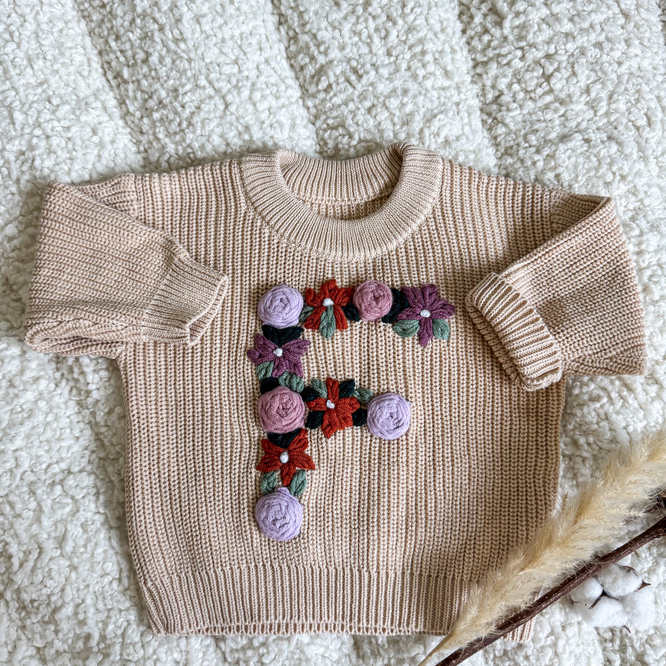 Hand-Embroidered Baby Sweater "F"