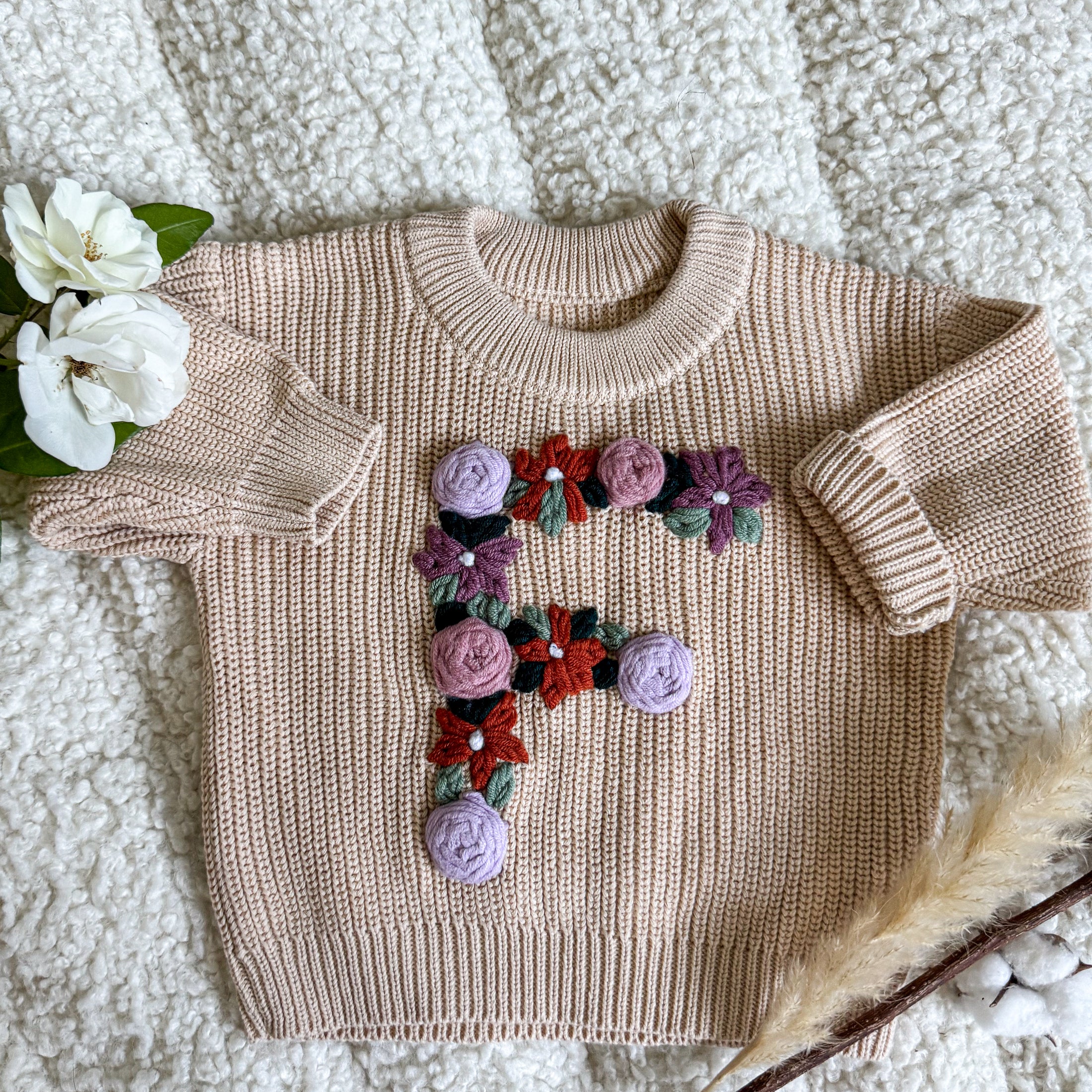 Hand-Embroidered Baby Sweater "F"