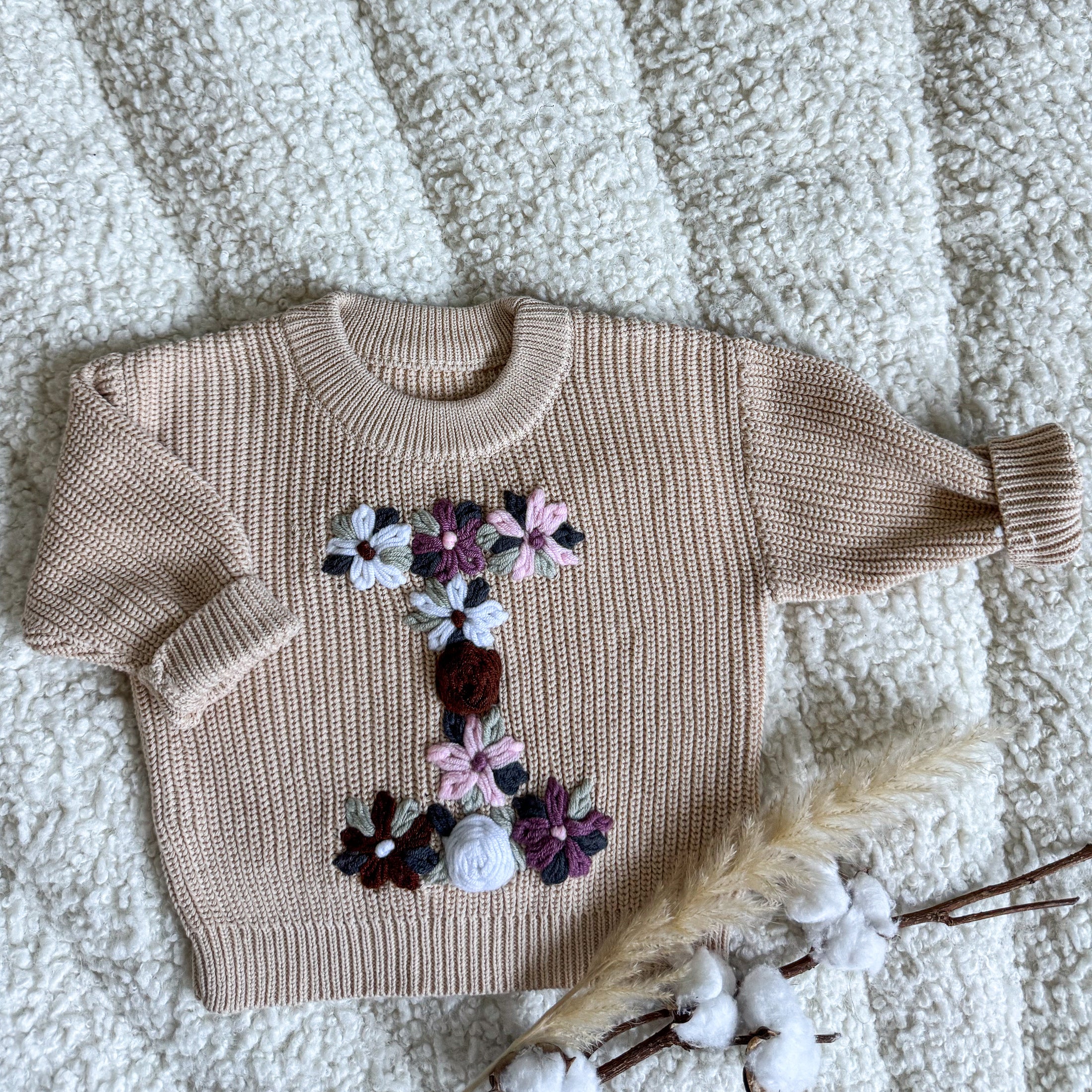 Hand-Embroidered Baby Sweater "I"