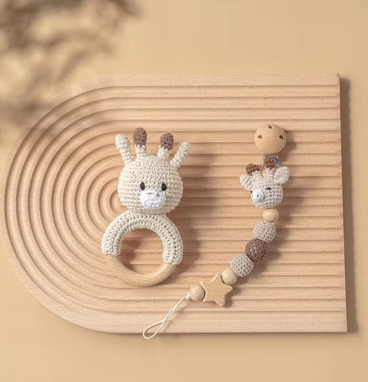 Handmade Giraffe Rattle & Pacifier Clip